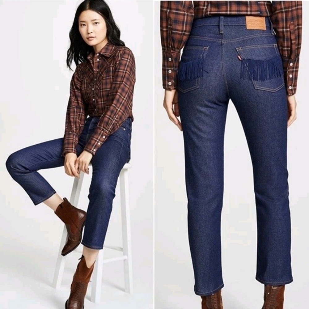 Levi's Wedgie Straight 29 Dark Indigo Blue Fringe Pocket Jeans Zip Front Cowgirl